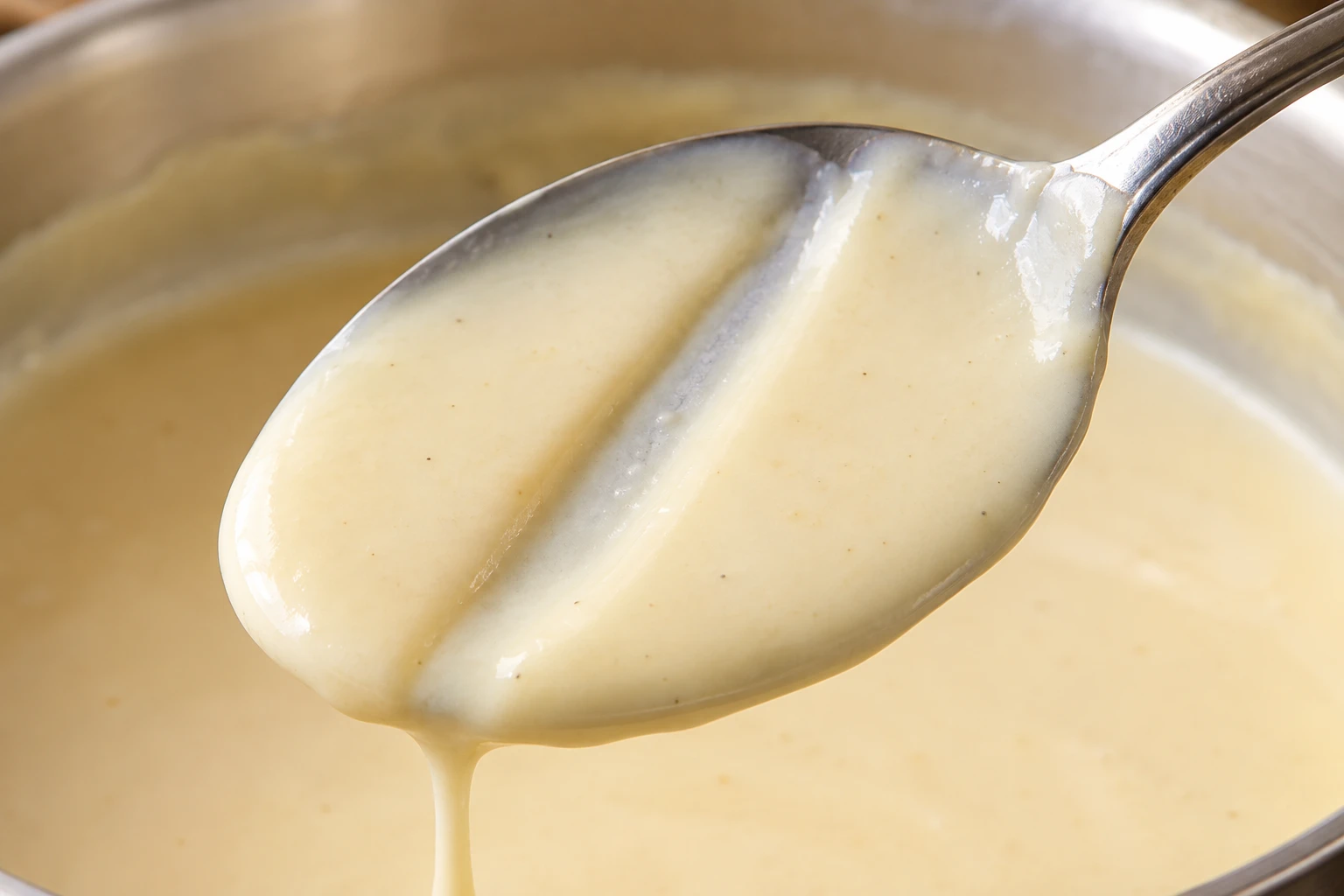Velouté coats the back of a spoon evenly with a clean line through the sauce.