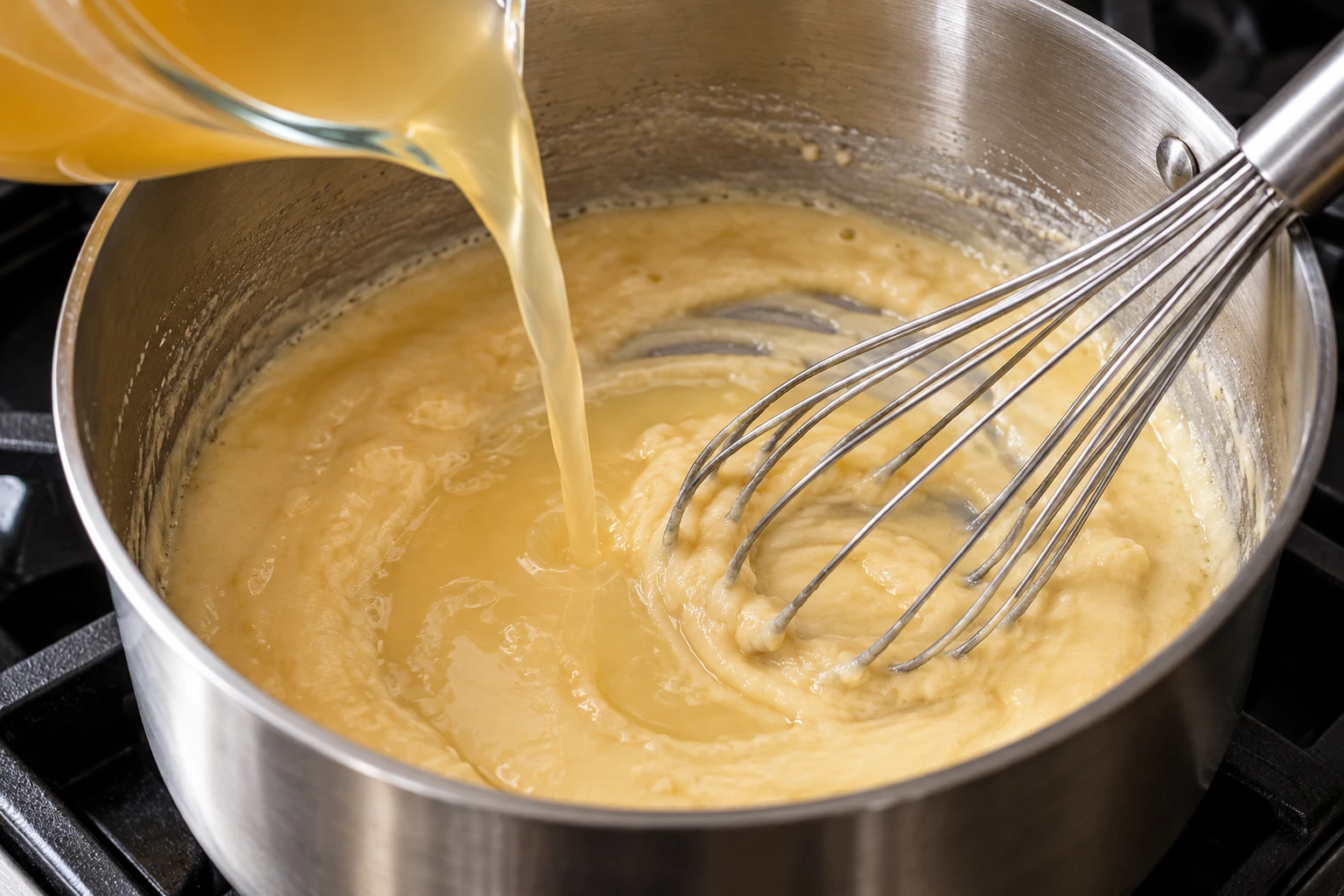 A whisk smooths warm chicken stock into a pale roux in a saucepan.