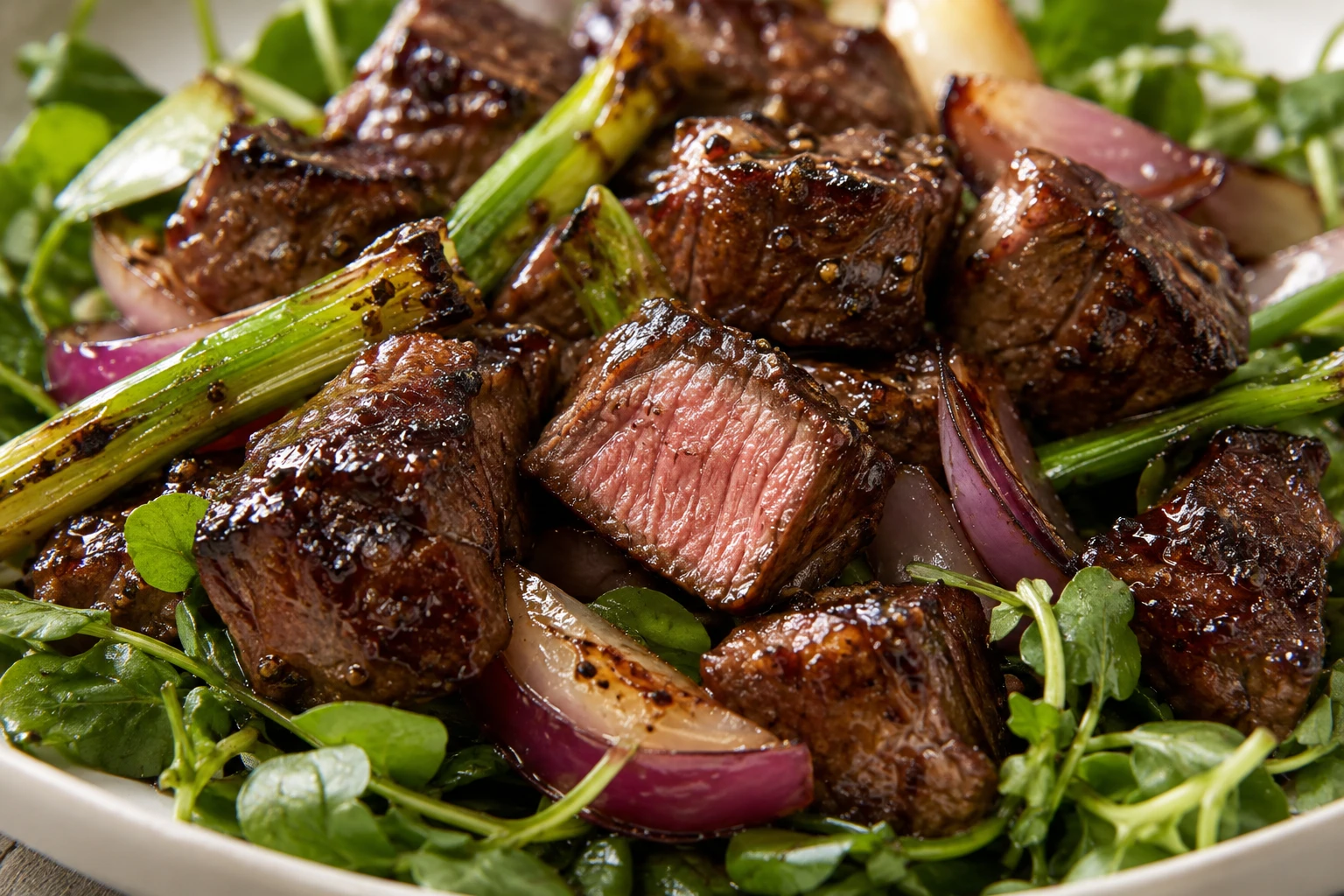 Glossy sirloin cubes show caramelized edges and juicy centers with blistered scallion and red onion.