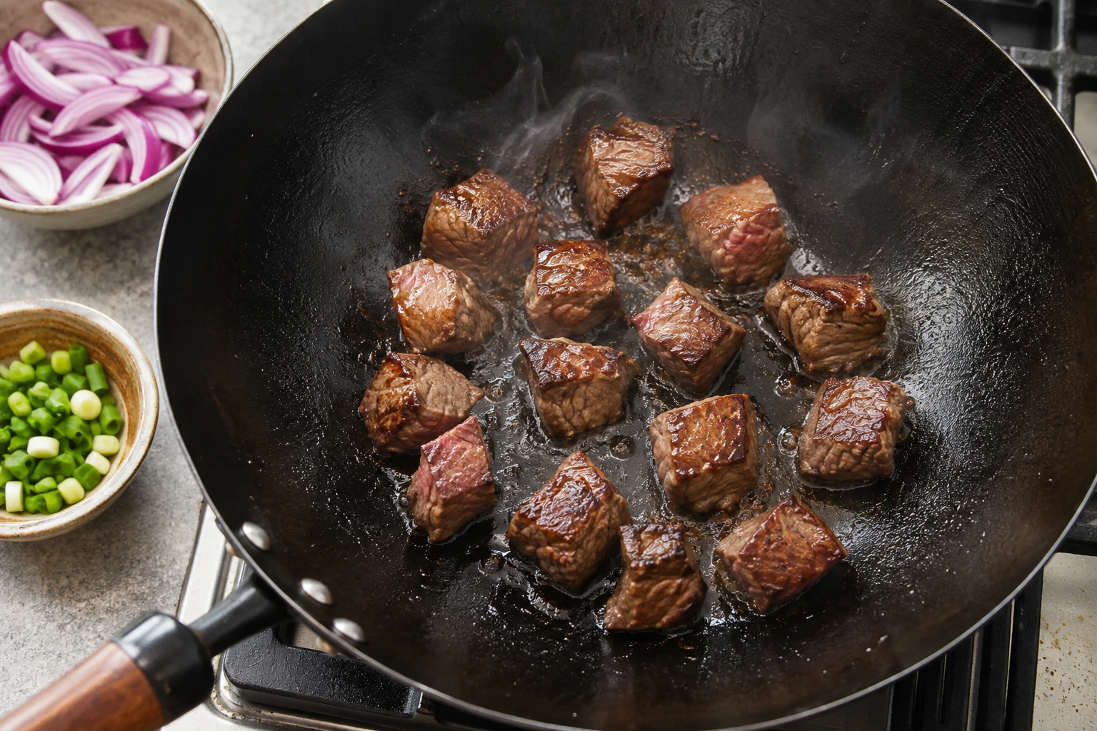Sirloin cubes caramelize in an uncrowded wok while red onion and scallions wait nearby.