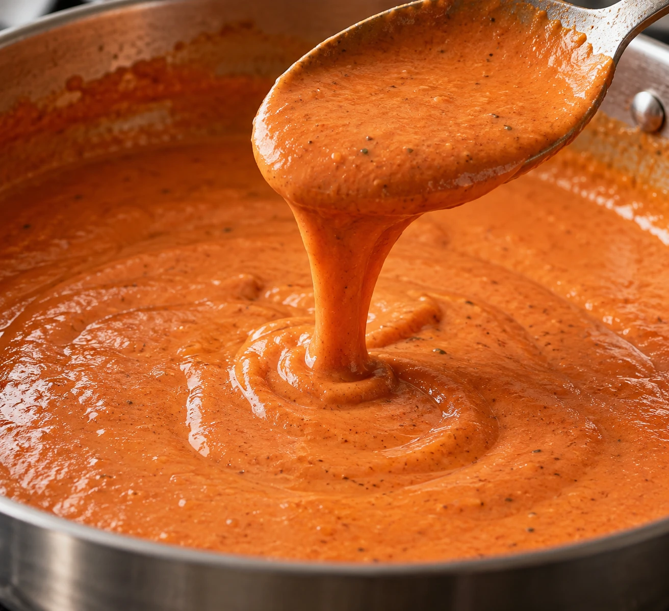 Silky rosy vodka sauce flows from a spoon in a smooth ribbon back into a pan.