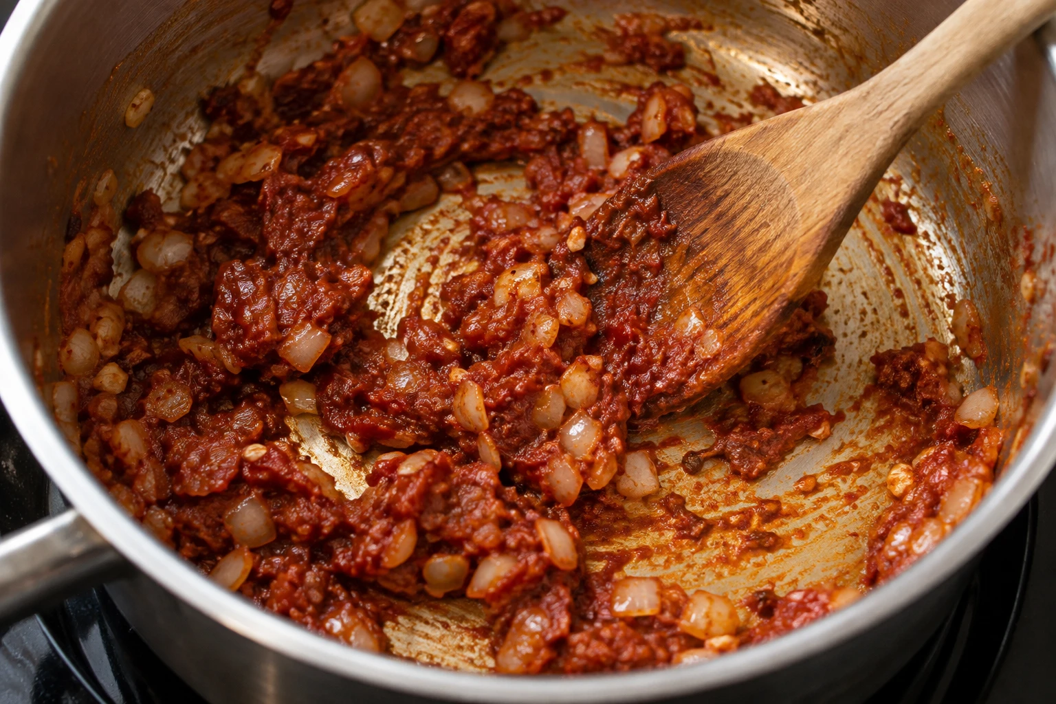 Tomato paste darkens with softened onion in a saucepan as a wooden spoon stirs it.