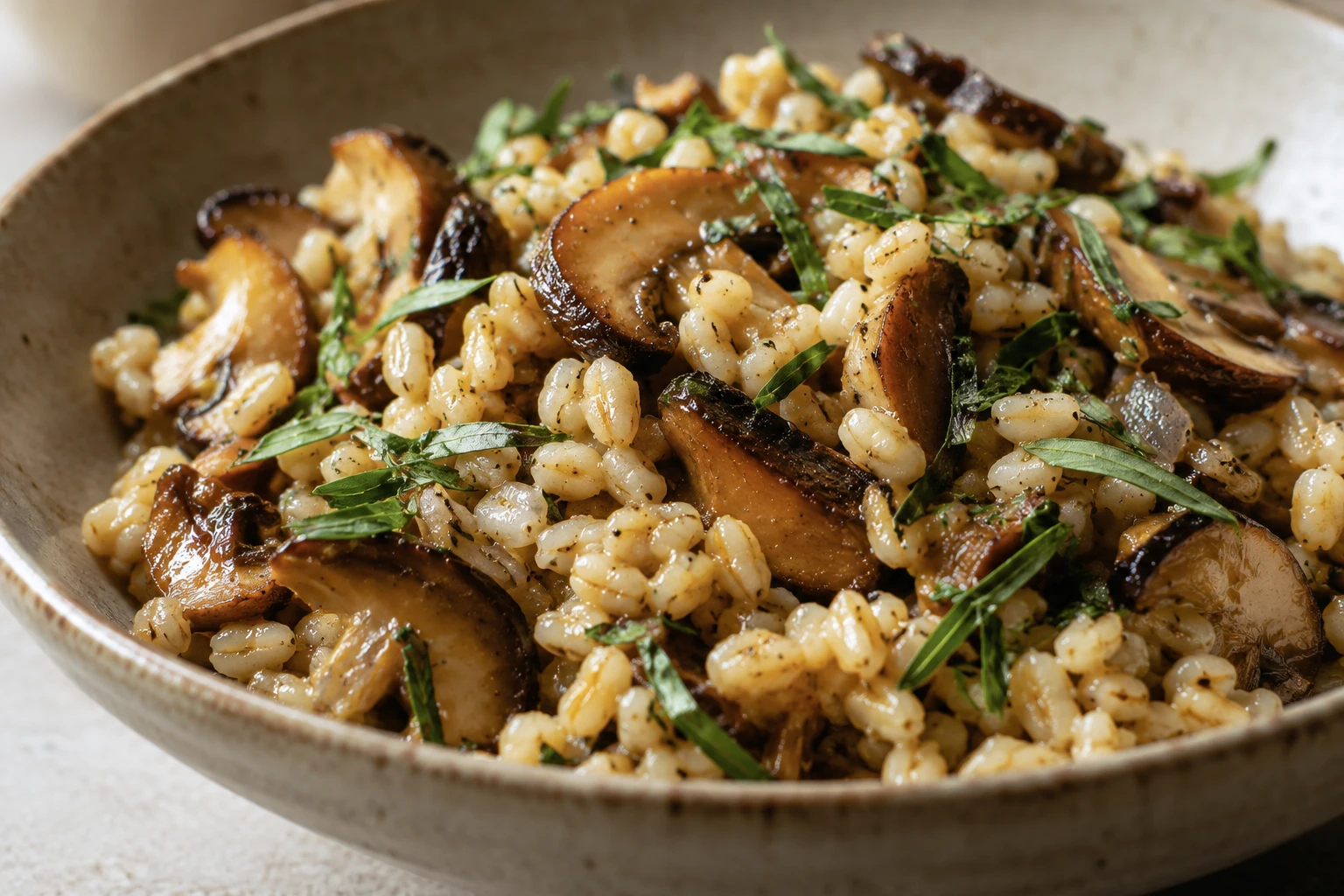 Intact barley grains and golden mushroom edges are flecked with fresh tarragon.