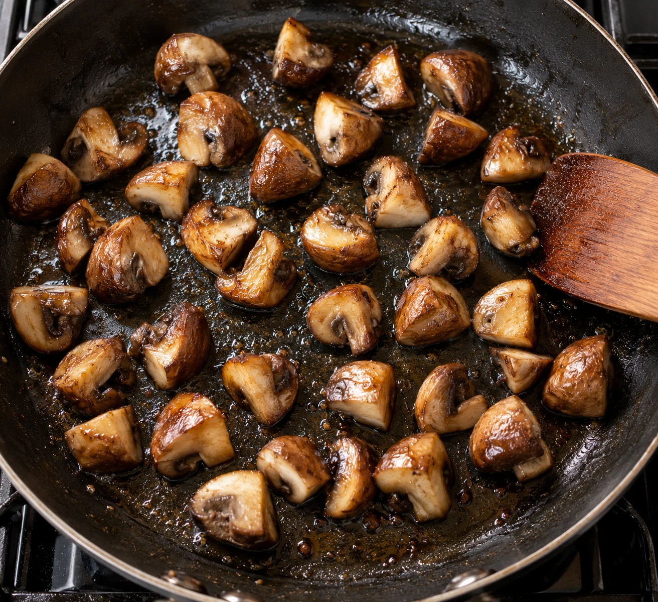 Cremini mushroom quarters brown in a wide skillet with open space between the pieces.