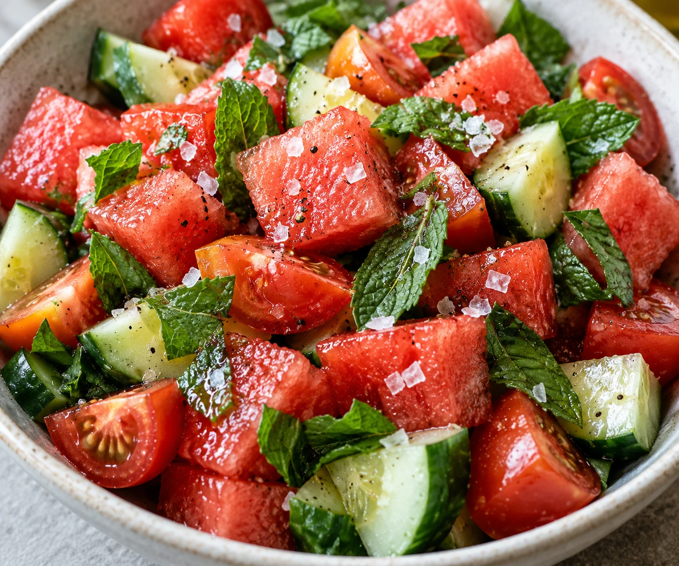 Fresh mint leaves and flaky salt rest over lightly dressed watermelon, tomato, and cucumber.