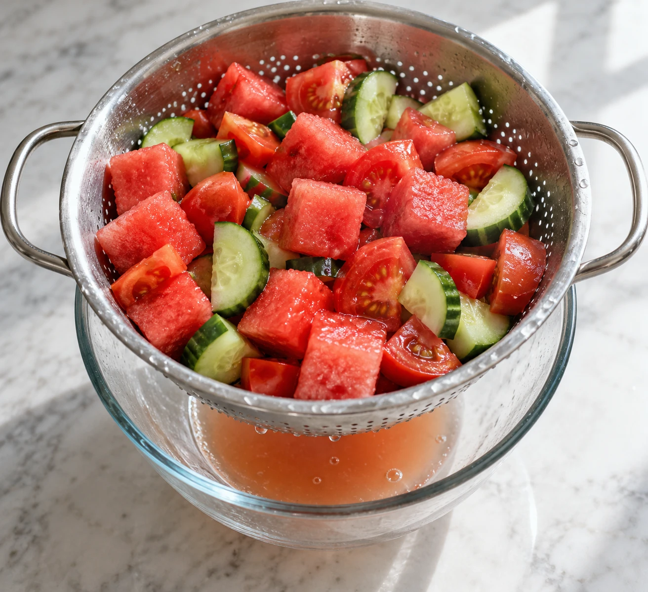 Cut watermelon, tomatoes, and cucumber drain in a colander before the salad is dressed.