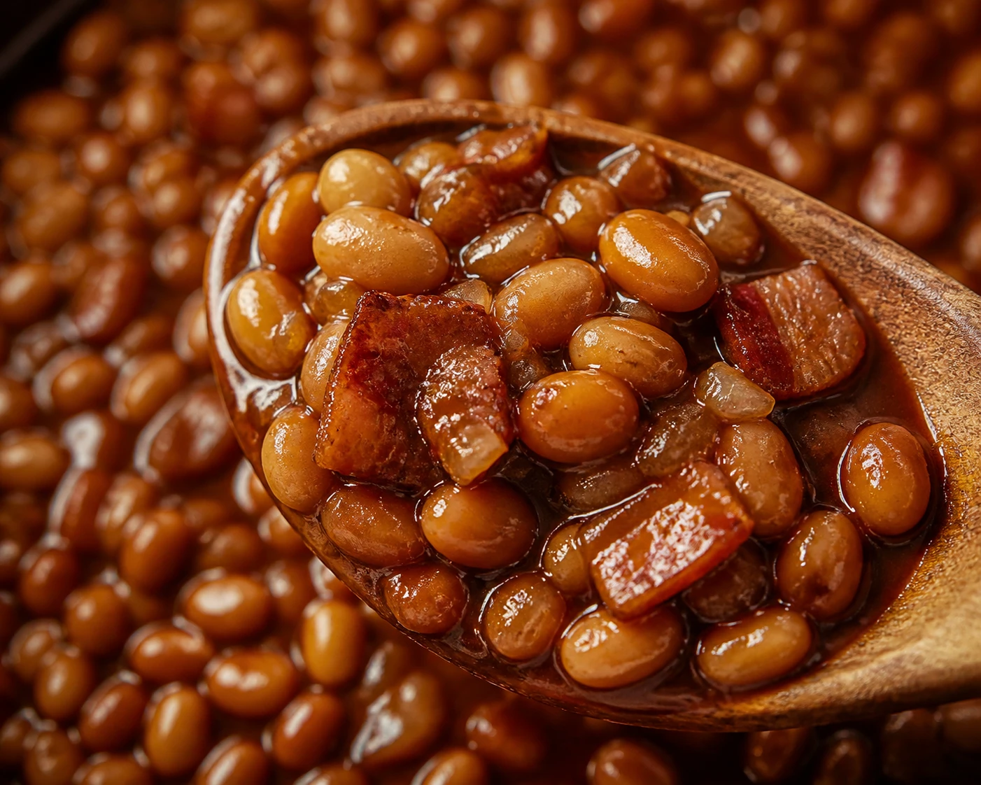 Tender navy beans coated in a thick glossy molasses sauce with onion and crisp bacon.