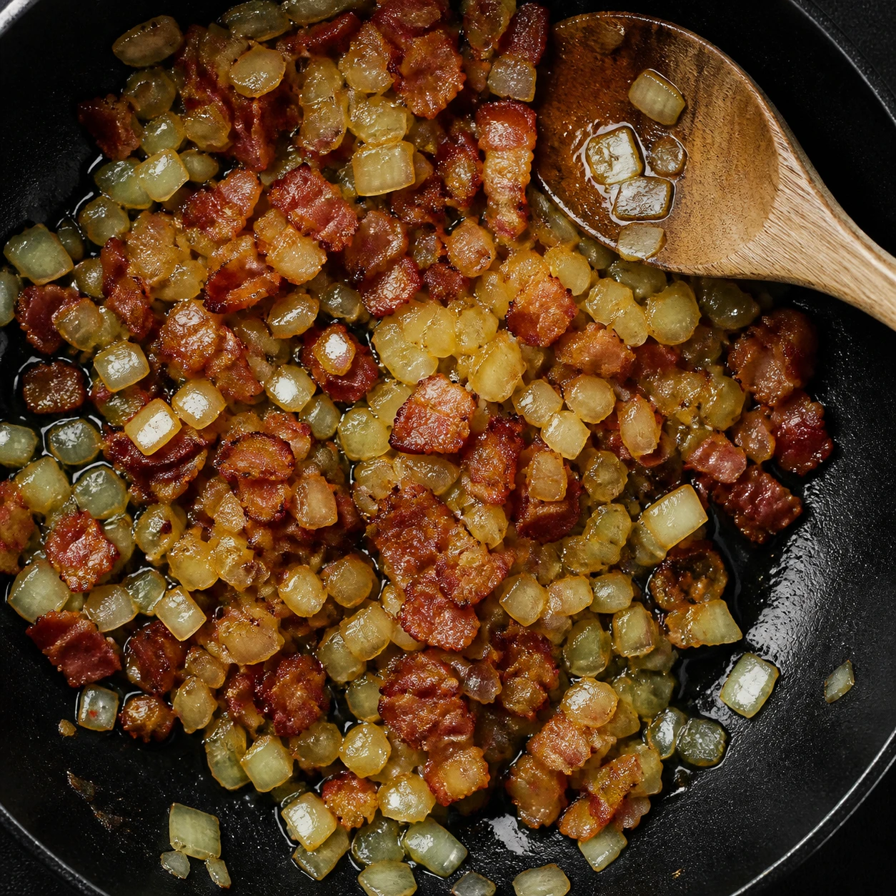 Crisp bacon and softened diced onion cook together in a dark skillet before the beans are added.