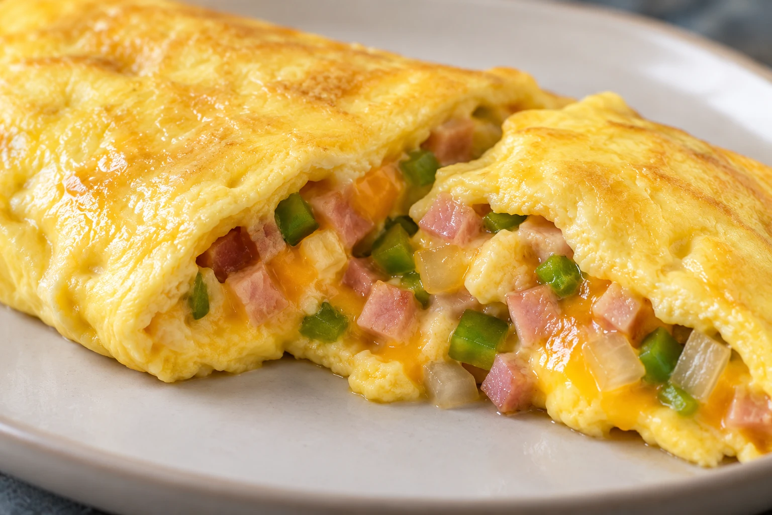 The cut edge of a folded omelet reveals tender eggs, finely diced ham and vegetables, and melted cheddar.