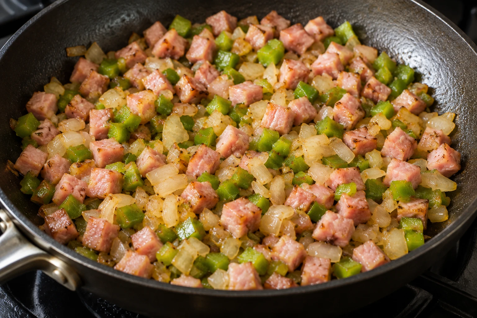 Diced ham, green bell pepper, and yellow onion soften together in a skillet as their moisture cooks away.