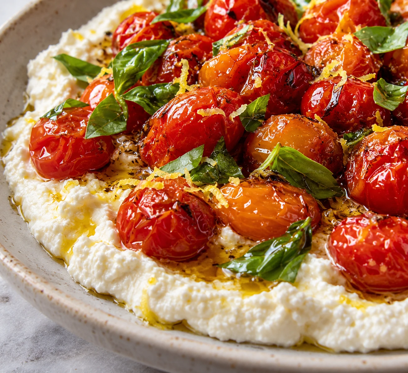 Airy ricotta supports distinct juicy cherry tomatoes with blistered skins and bright basil leaves.