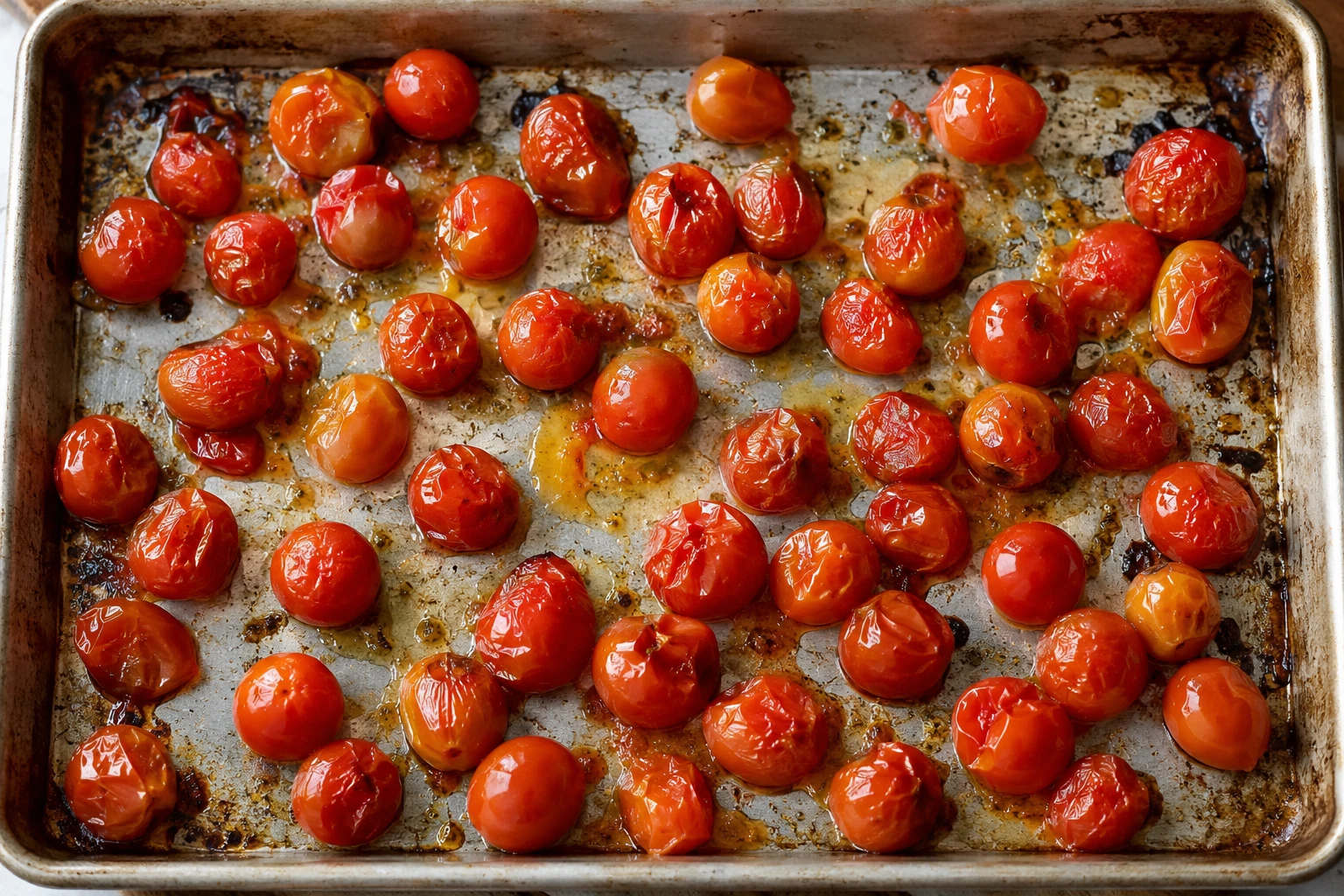 Cherry tomatoes blister and release a little juice on a rimmed sheet pan while most remain whole.