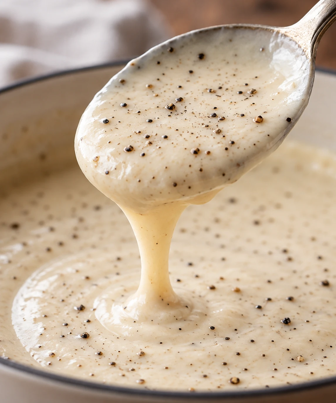 Smooth pale gravy coats a spoon, with freshly ground black pepper throughout.
