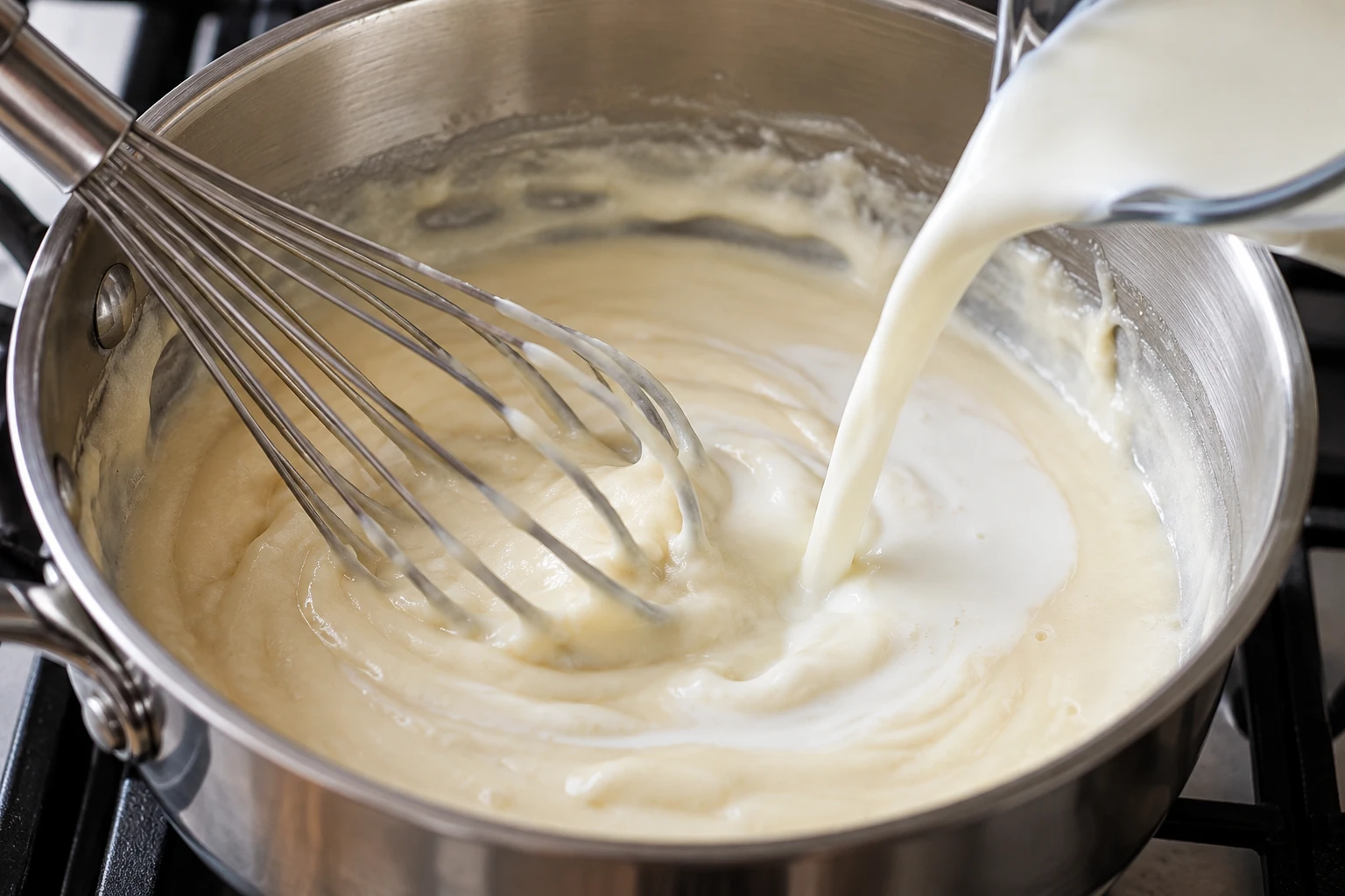 Milk is whisked into a pale roux in a saucepan to form smooth country gravy.