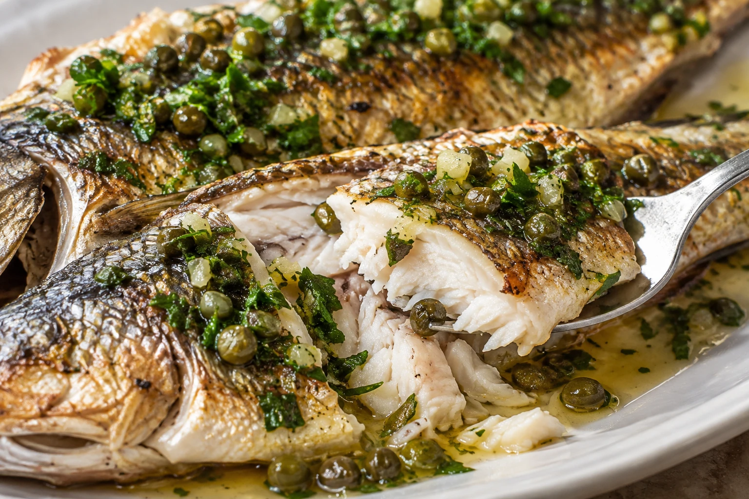 Moist branzino flakes and crisp skin are topped with chopped parsley, capers, and lemon.