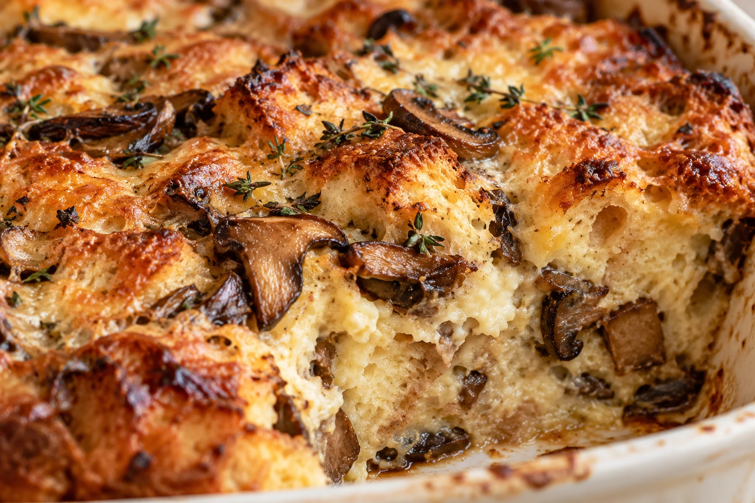 A close view shows browned Gruyère edges and mushroom slices beside the soft custard interior.