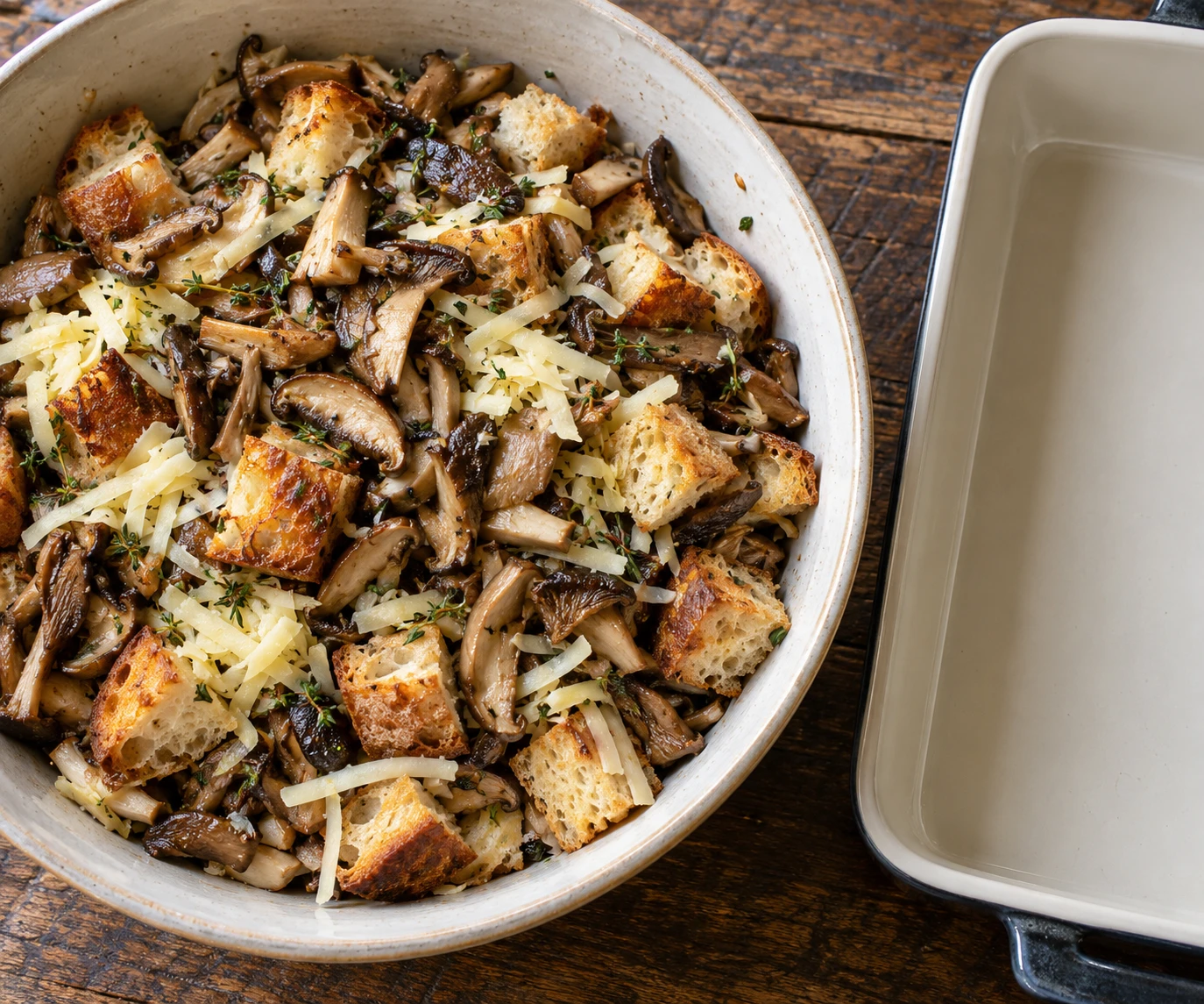 Toasted bread, browned wild mushrooms, thyme, and grated Gruyère are being combined before the custard is poured.