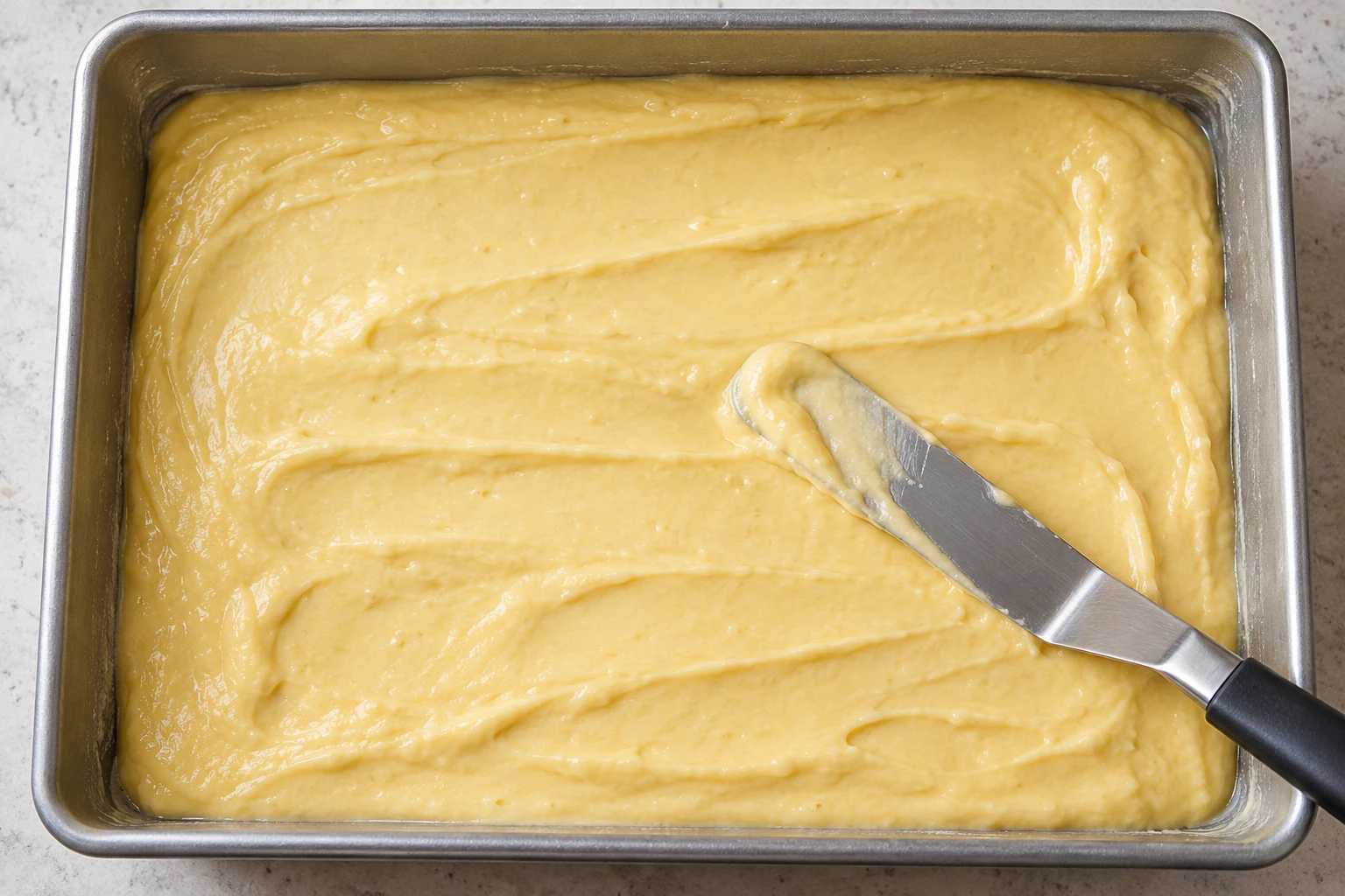 Smooth yellow cake batter is spread into the corners of a greased rectangular pan.