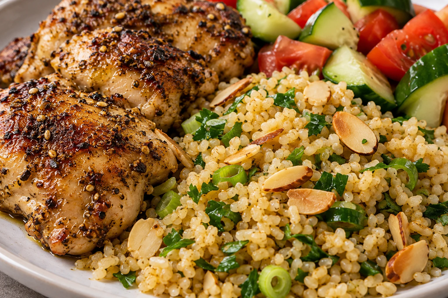 Golden chicken and separate herbed bulgur grains show toasted almonds and fresh vegetables.